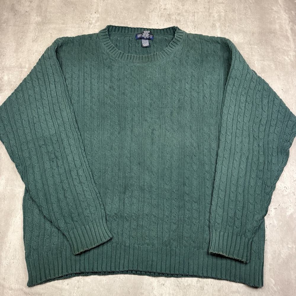 Vintage 90s Lands' End Mens Large Cable Knit Sweater Green Fisherman Pullover